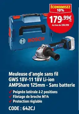 Screwfix BOSCH Meuleuse d'angle sans fil GWS 18V-11 18V Li-ion AMPShare 125mm - Sans batterie offre