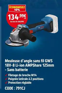 Screwfix BOSCH Meuleuse d’angle sans fil GWS 18V-8 Li-ion AMPShare 125mm offre