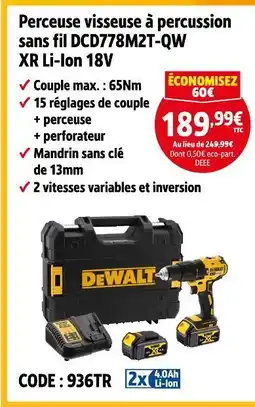 Screwfix DEWALT Perceuse visseuse à percussion sans fil DCD778M2T-QW XR Li-Ion 18V offre