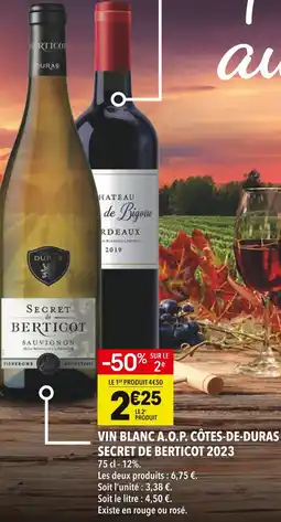 Supeco SECRET DE BERTICOT VIN BLANC A.O.P. CÔTES-DE-DURAS 2023 offre
