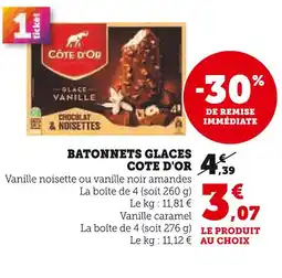 U Express Côte d'Or Bâtonnets Glaces Vanille Noisette ou Vanille Noir Amandes offre