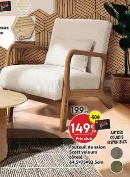 Maxi Bazar Fauteuil de salon Scott velours côtelé offre