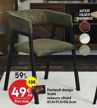 Maxi Bazar Fauteuil design Scott velours côtelé offre