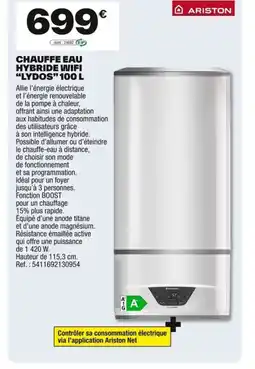 Brico Dépôt ARISTON Chauffe eau hybride wifi lydos offre