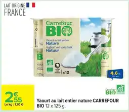 Carrefour Yaourt au lait entier nature CARREFOUR BIO 12 x 125 g offre