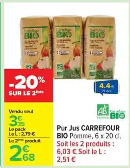 Carrefour Pur Jus CARREFOUR BIO Pomme, 6 x 20 cl offre