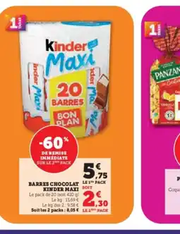 Super U Barres chocolat le 1 pack kinder maxi offre