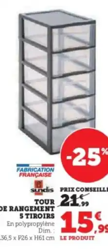 Hyper U Tour de rangement 5 tiroirs offre