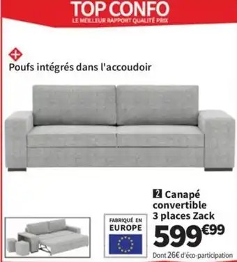 Conforama Canapé convertible 3 places zack offre