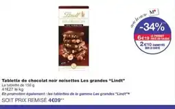 Monoprix LINDT Tablette de chocolat noir noisettes Les grandes offre
