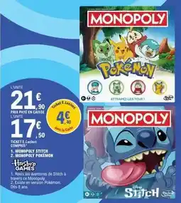 E.Leclerc Hasbro - monopoly stitch/pokemon offre