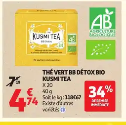 Auchan KUSMI TEA Thé vert bb détox bio offre