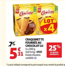 Auchan LU Craquinette fourrée au chocolat offre