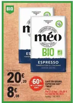 E.Leclerc Café en grains Espresso Bio Méo offre