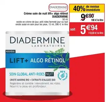 Cora x Carrefour Crème soin de nuit lift+ algo rétinol DIADERMINE offre