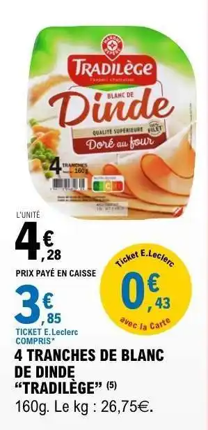 E.Leclerc 4 TRANCHES DE BLANC DE DINDE “TRADILÈGE” offre
