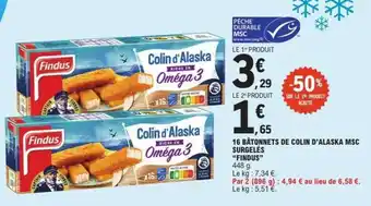 E.Leclerc 16 BÂTONNETS DE COLIN D'ALASKA MSC SURGELÉS “FINDUS” offre