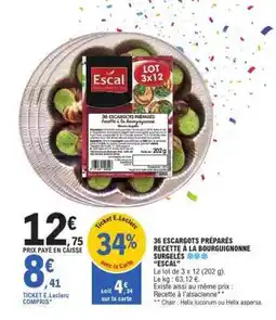 E.Leclerc 36 ESCARGOTS PRÉPARÉS RECETTE À LA BOURGUIGNONNE SURGELES offre