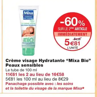 Monoprix Crème visage hydratante mixa bio offre