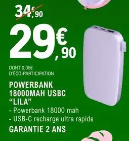 E.Leclerc POWERBANK 18000MAH USBC “LILA” offre
