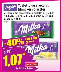 Norma MILKA Tablette de chocolat blanc ou noisettes offre