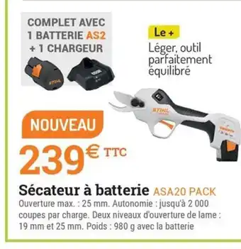 Espace emeraude Sécateur à batterie ASA20 PACK offre
