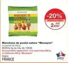 Monoprix Monoprix - manchons de poulet nature offre
