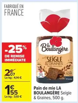 Carrefour Pain de mie LA BOULANGÈRE Seigle & Graines, 500 g offre