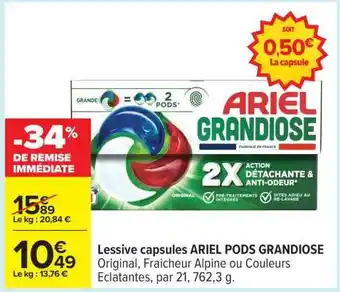 Carrefour Lessive capsules ARIEL PODS GRANDIOSE offre