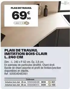 Brico Dépôt Cooke & lewis - plan de travail imitation bois clair l. 240 cm offre