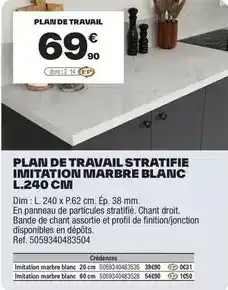 Brico Dépôt Cooke & lewis - plan de travail stratifie imitation marbre blanc l.240 cm offre