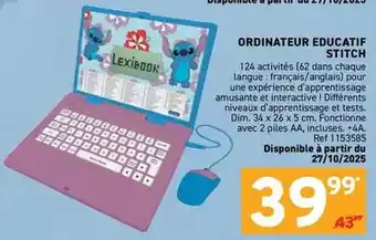 Trafic Lexibook - ordinateur educatif stitch offre