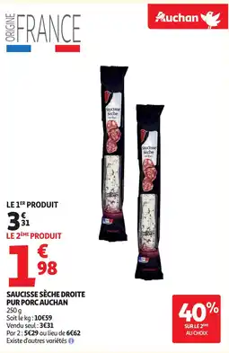 Auchan AUCHAN Saucisse sèche droite pur porc offre