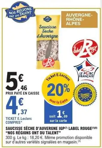 E.Leclerc Saucisse Sèche d'Auvergne IGP offre