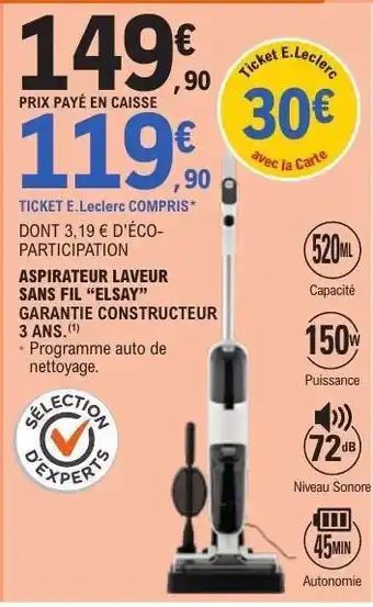 E.Leclerc ASPIRATEUR LAVEUR SANS FIL “ELSAY” offre