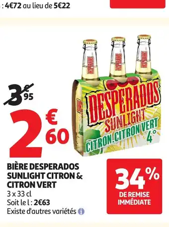 Auchan Bière desperados sunlight citron & citron vert offre