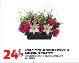 Auchan Composition jardinière artificielle bromelia, fresia et lys offre