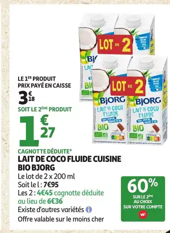 Auchan BJORG Lait de coco fluide cuisine bio offre