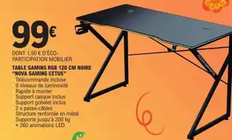 E.Leclerc TABLE GAMING RGB 120 CM NOIRE 'NOVA GAMING CETUS' offre