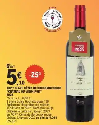 E.Leclerc AOPⱭ Blaye Côtes de Bordeaux Rouge “Château du Vieux Puit” 2020 offre