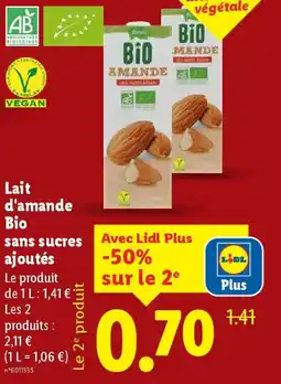 Lidl Lait d'amande Bio sans sucres ajoutés offre