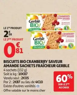 Auchan Supermarché GERBLE BIO Biscuits bio cranberry saveur amande sachets fraîcheur offre