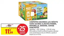Intermarché Compotes gourdes les inédits sans sucres ajoutés pomme mirabelle banane cerise pom'potes offre