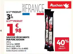 Auchan Supermarché AUCHAN Saucisse sèche droite pur porc offre