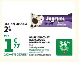 Auchan Supermarché JOYFUEL Barres chocolat blanc cookie protéinée offre