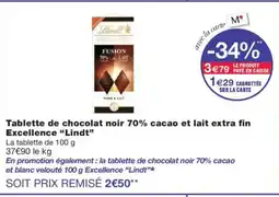 Monoprix LINDT Tablette de chocolat noir 70% cacao et lait extra fin Excellence offre