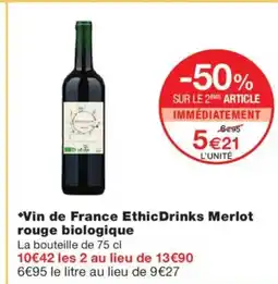 Monoprix Vin de France EthicDrinks Merlot rouge biologique offre
