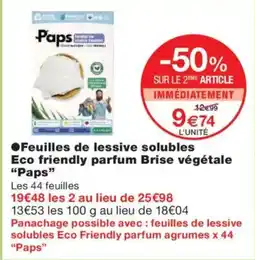 Monoprix PAPS Feuilles de lessive solubles Eco friendly parfum Brise végétal offre