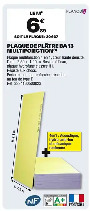 Brico Dépôt PLANODIS Plaque de plâtre ba 13 multifonction offre