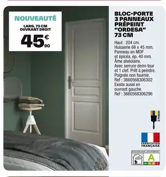 Brico Dépôt Bloc-porte 3 panneaux prépeint ordesa offre